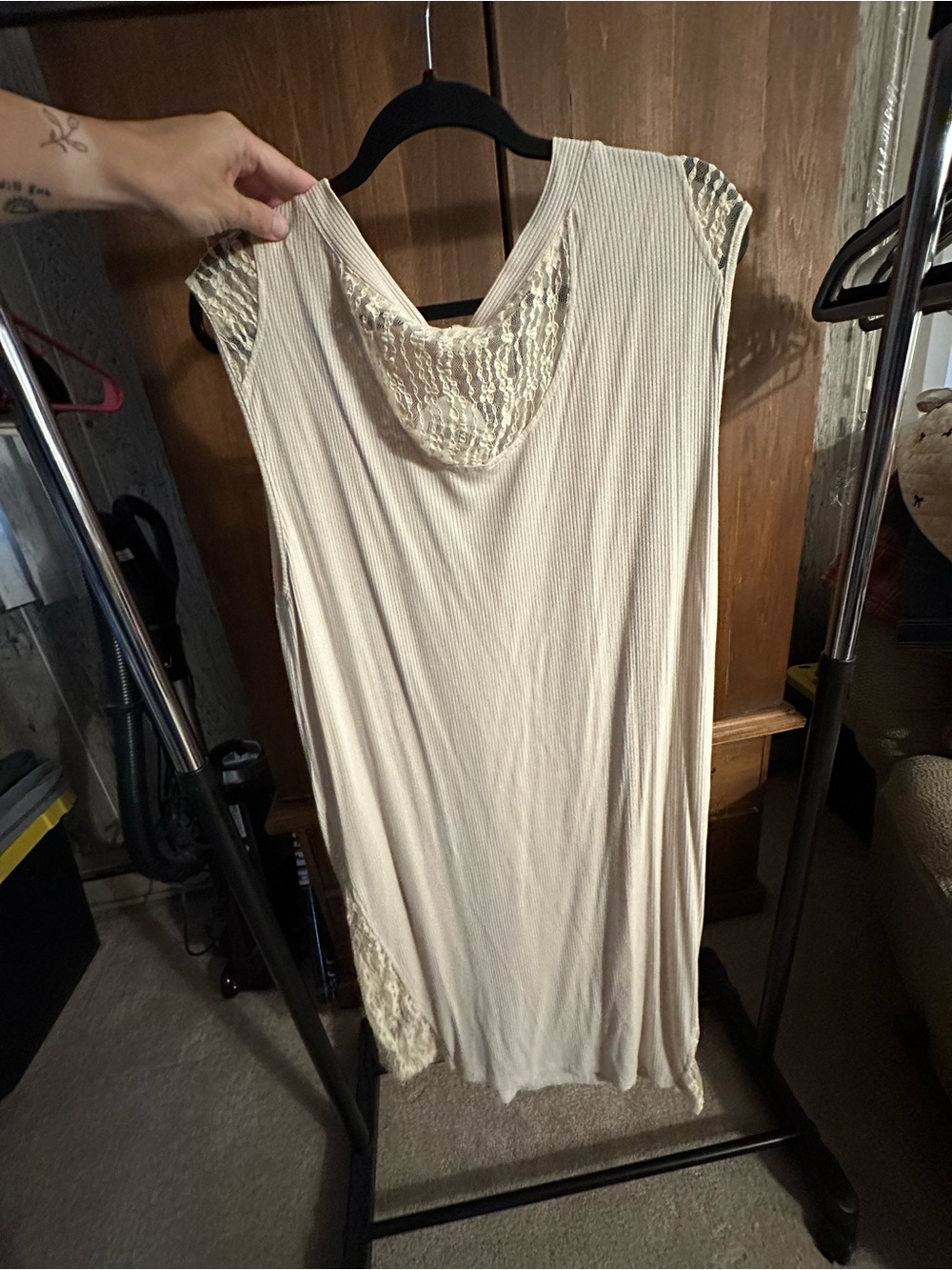 Ivory Button-Front Sleeveless Ribbed Dress with Lace Trim - Picture 2 of 2